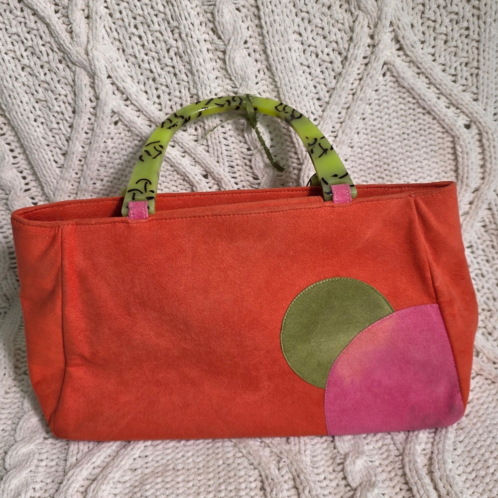 Melissa Ann Cook Lucite Handle Tote Purse Orange Pink Green Colorful Artsy Fun